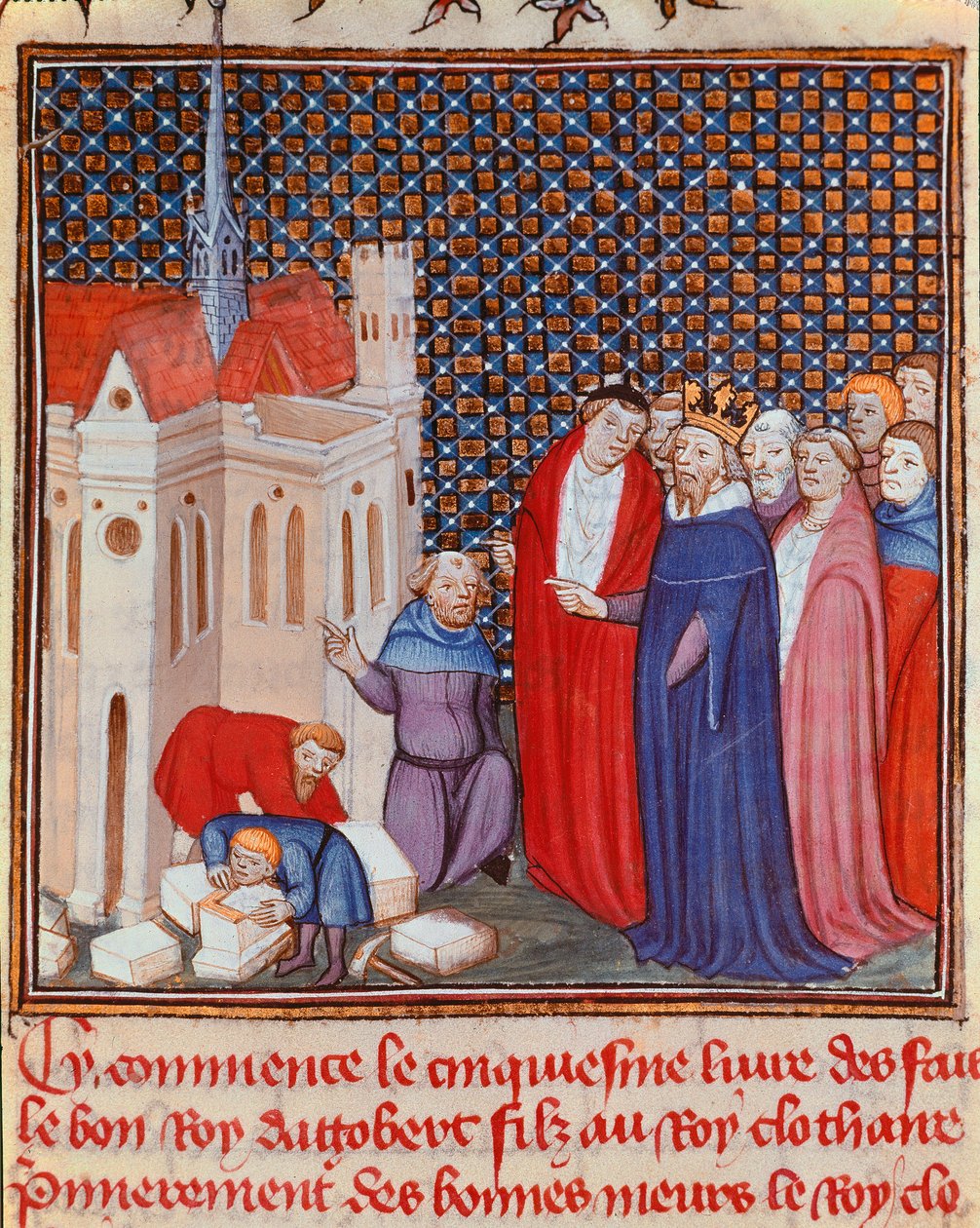 Merovingien dynastian frangikuningas Dagobert I (603/608-639), joka valvoi pienoisrakennuksen rakentamista "" Les grandes Chronicles de France" tai "" Les Chronicles de Saint Denis" -kirjoista 1300-luvulla Chantilly, Musee Conde tekijältä Unknown artist