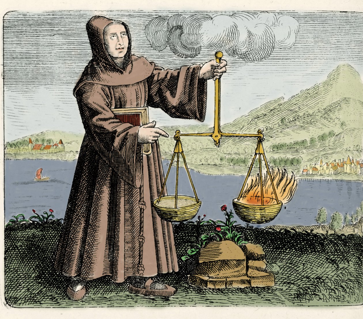 Fransiskaanimunkki, filosofi ja alkemisti Roger Bacon (Bacon) (tohtori Mirabilis) (1214-1294) tekemässä kokemusta. Kaiverrus Michael Mayerin "Kahdentoista kansakunnan kultaisen pöydän symboleista" 1617 tekijältä Unknown artist