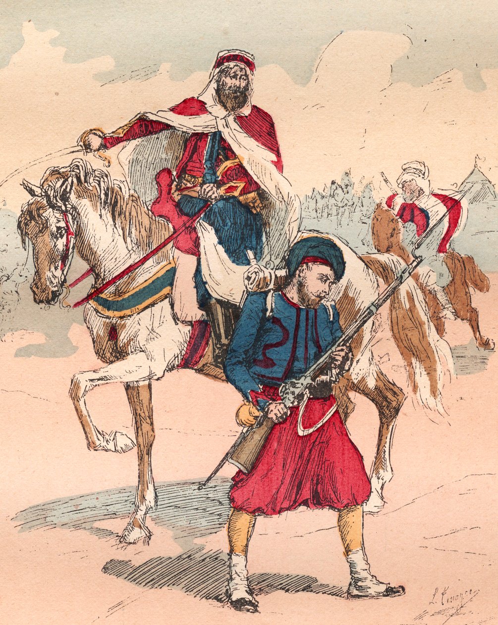 Ranskan armeija Louis Philippen hallituksessa 1830-1848 - Zouave ja Spahi - Kaiverrus vuodelta 1882 kirjassa "" Histoire de dix ans: 1830-1840""" Louis-Blanc (1811-1882) tekijältä Unknown artist