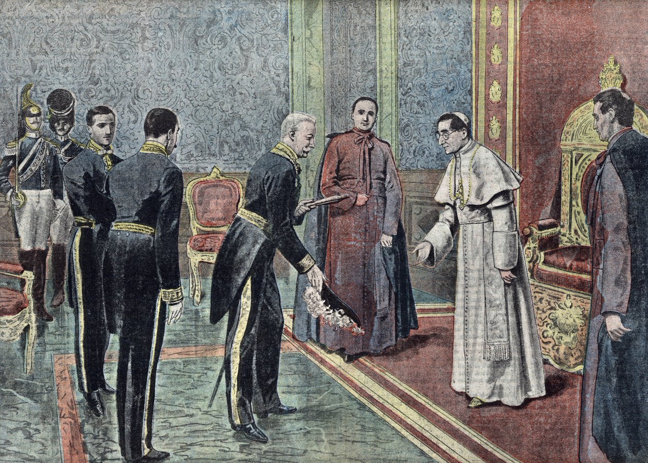 Ranskan suurlähettiläs Jonnart esittelee valtakirjansa paavi Benedictus XV:lle (1914-1922) Kuvituslehdestä "Le pelerin" kesäkuu 1921. tekijältä Unknown Artist