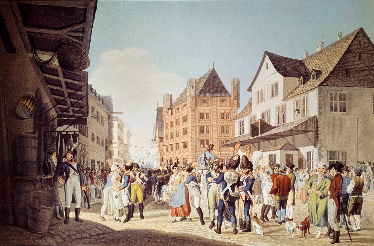 24. jalkaväkirykmentin ranskalaiset joukot lähtevät Frankfurtista kenraali Augereaun kaiverruksella 1808 Frankfurt, historiallinen museo tekijältä Unknown artist