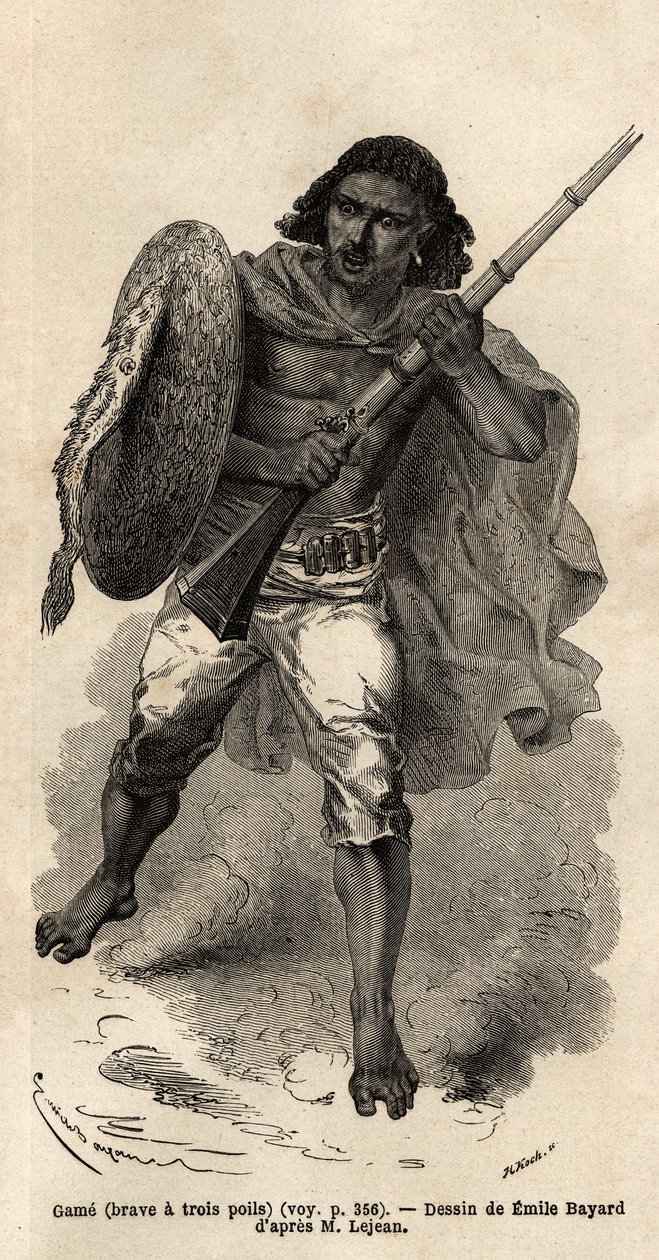 Peli, tai rohkealla on kolme hiusta, Abessinian ase sotilas. Kaiverrus havainnollistamaan matkaa Abessiniaan, Guillaume Lejean vuonna 1862 "Le tour du monde, nouveau journal des voyages" -julkaisussa, joka julkaistiin Edouard Chartonin johdolla. tekijältä Unknown artist