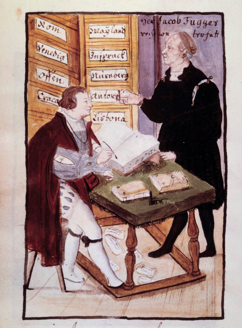 Saksalainen pankkiiri Jacob Fugger (1459-1525) toimistossaan (Goldene Schreibstube) saksalaisen kirjanpitäjänsä Matthaus Schwarzin (1497-noin 1574) kanssa 1500-luvun akvarelli. BN, Pariisi tekijältä Unknown artist