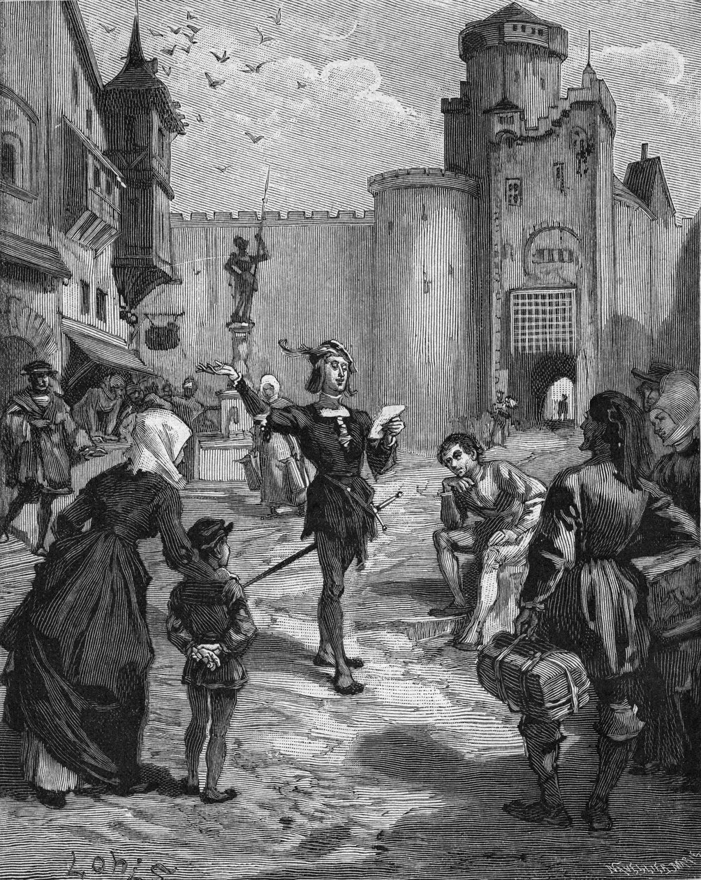 Saksalainen ritari, runoilija ja humanisti Ulrich von Hutten (1488-1523) julistaa kadulla yhtä runoistaan. Kaiverrus 1800-luvulta. Jules Micheletin teoksessa "Histoire de France". tekijältä Unknown artist