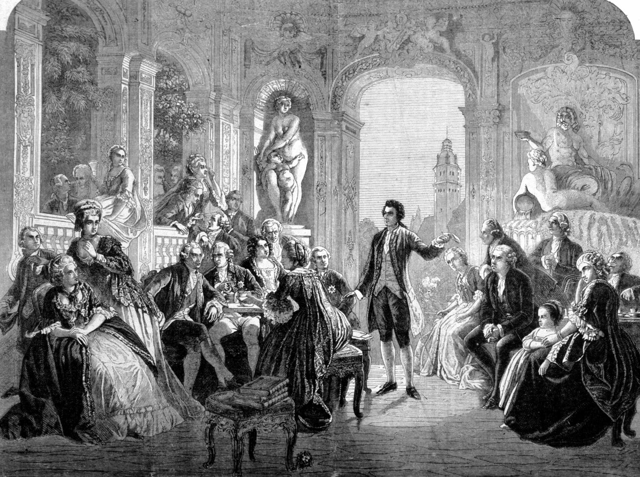 Saksalainen runoilija Johann Wolfgang Goethe Badenin markkreivi Fredericin hovissa. Kaiverrus Federico Pechtin maalauksen jälkeen. tekijältä Unknown artist