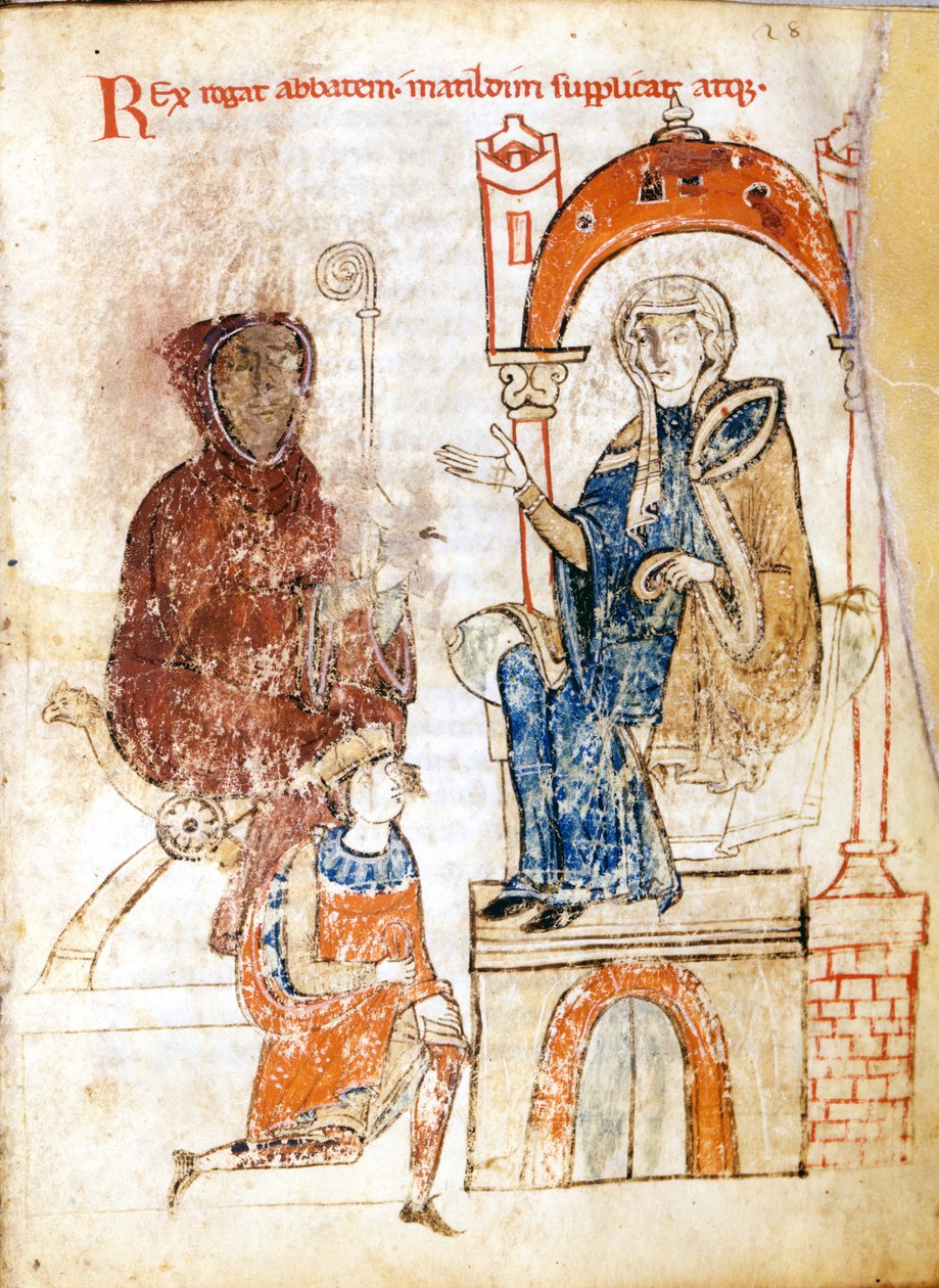 Germaaninen keisari Henri IV (1050 - 1106) katuvassa puvussa pyytää anteeksi paavi Gregorius VII:ltä (Hildebrand: 1015/20 - 1085), joka turvautui Toscanan kreivitär Mathildan linnaan (1046 - 1115) Canossassa. 25-28 tammikuuta tekijältä Unknown artist