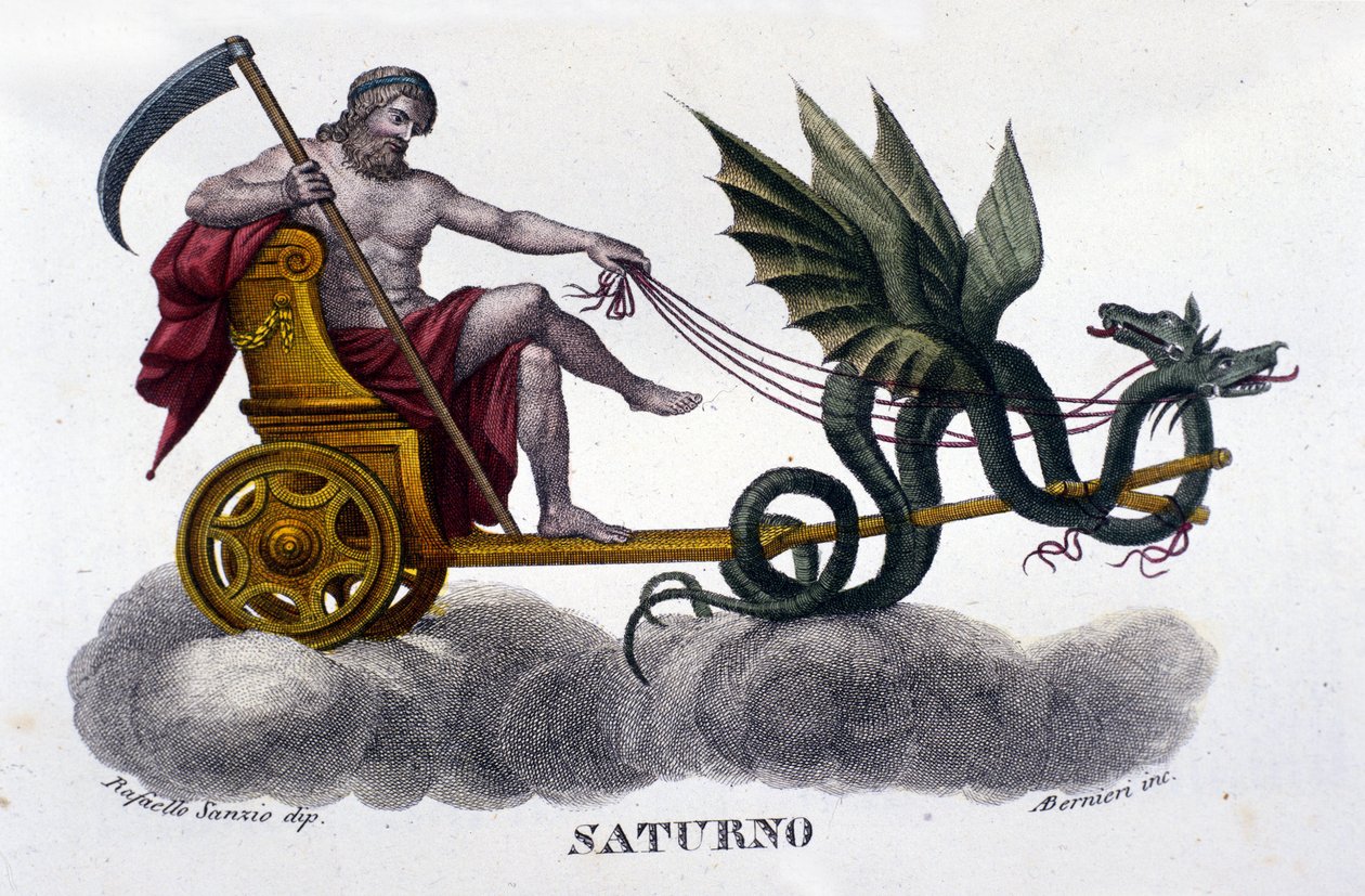 Jumala Saturnus (tai Cronos) kahden lohikäärmeen ampumassa panssarivaunussa. Raffaello Sanzion kuvituksesta. Kaiverrus 1800-luvulta. tekijältä Unknown artist