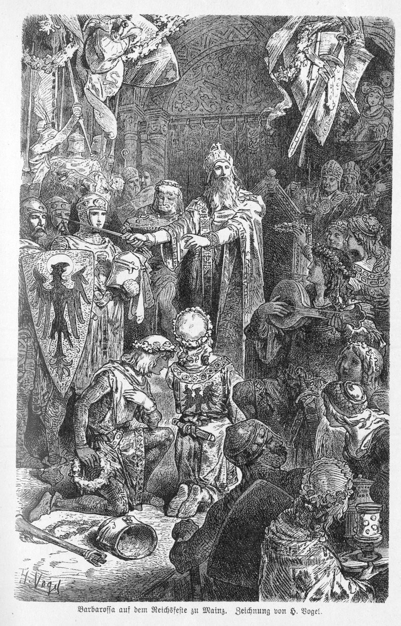 Suuri keisari Frederick Barbarossa pitää hovissaan Mainzissa - Frederic I, Hohenstaufen, toisaalta Frederic Barberousse (1122-1190) sai Mainzissa eveque Gerard of Würzburgin ristin - Kaiverrus "" Kaiser, Konig une Papst", kirjoittanut Richard Roth tekijältä Unknown artist