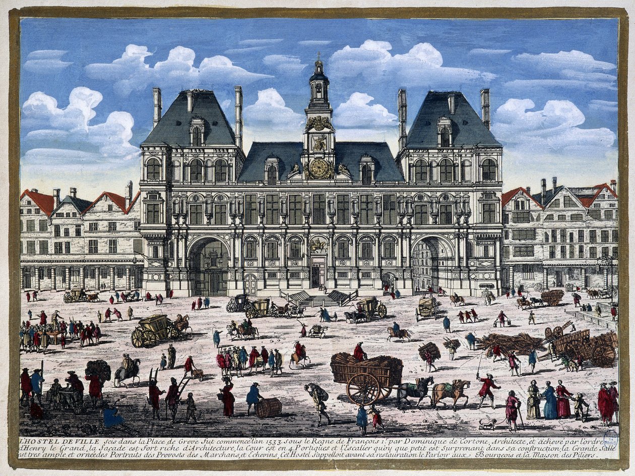 Hôtel de Ville de Paris ja sen aukio 1500-luvulla - kaiverrus tekijältä Unknown artist