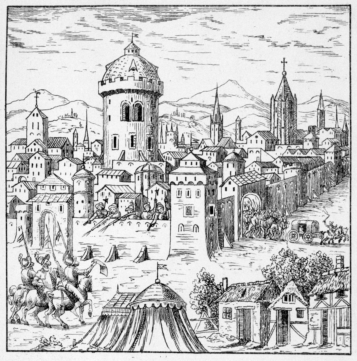 Hugenotit Amboisessa, jossa oli kuningas Francois II (Amboisen konjuraatio) - "" Kokoelmassa 39 hahmoa, jotka edustavat Ranskan onnettomuuksia vuosina 1562-1586""; Louis Perrinin peruskirja tekijältä Unknown artist