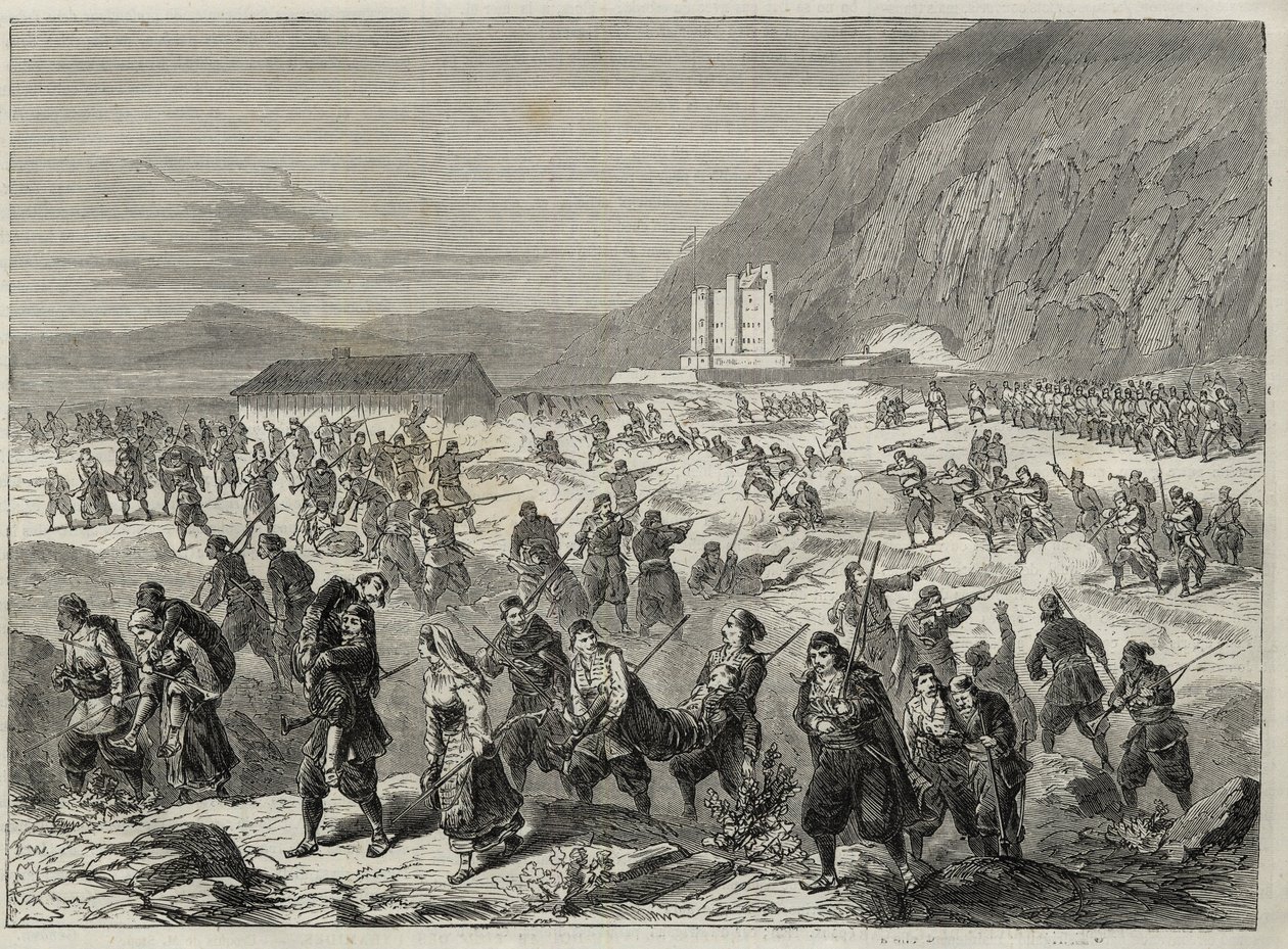 Dalmatian kapina (Bocche di Cattaro) - Itävallan hallituksen määräämä kapina asevelvollisuutta vastaan - DALMATIA TAPAHTUMAT. KIINNOITUKSET VALTION TRINITAN LINNUKSEEN LÄHELLÄ CATAROA (Bouches of Kotor) - Kotorin lahti - 1869 - tekijältä Unknown artist