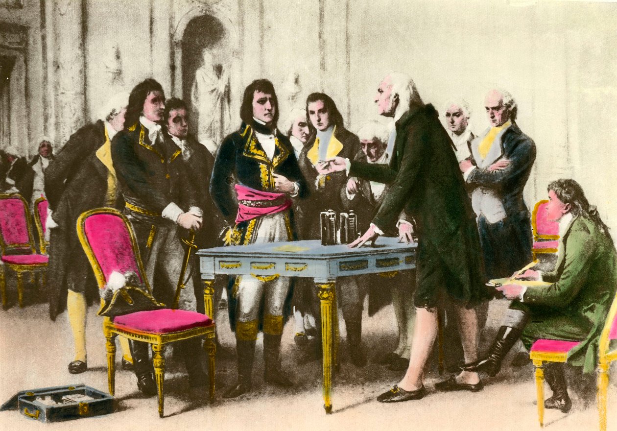 Italialainen fyysikko Alessandro (Alexandre) Volta (1745-1827) esittelee pinonsa Napoleon Bonapartelle. 1801 Yksityinen kokoelma tekijältä Unknown artist