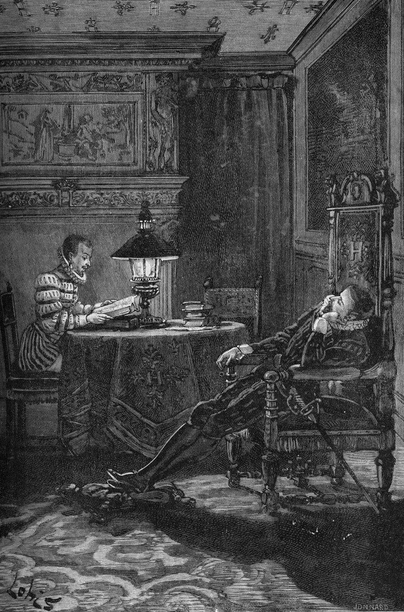 Ranskan kuningas Henrik III (1551-1589) luetaan. Kaiverrus 1800-luvulta. Jules Micheletin teoksessa "Histoire de France". tekijältä Unknown artist