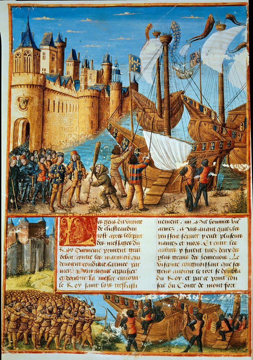 Ranskan kuningas Ludvig IX (Saint Louis) (1214-1270) aloittamassa seitsemännen ristiretken. Pikkukuva otettu Sebastien Mamerotin artikkelista "Ranskalaisten tekemä Outremer turkkilaisia ​​ja muita saraseeneja ja moures outremarineja vastaan" tekijältä Unknown artist