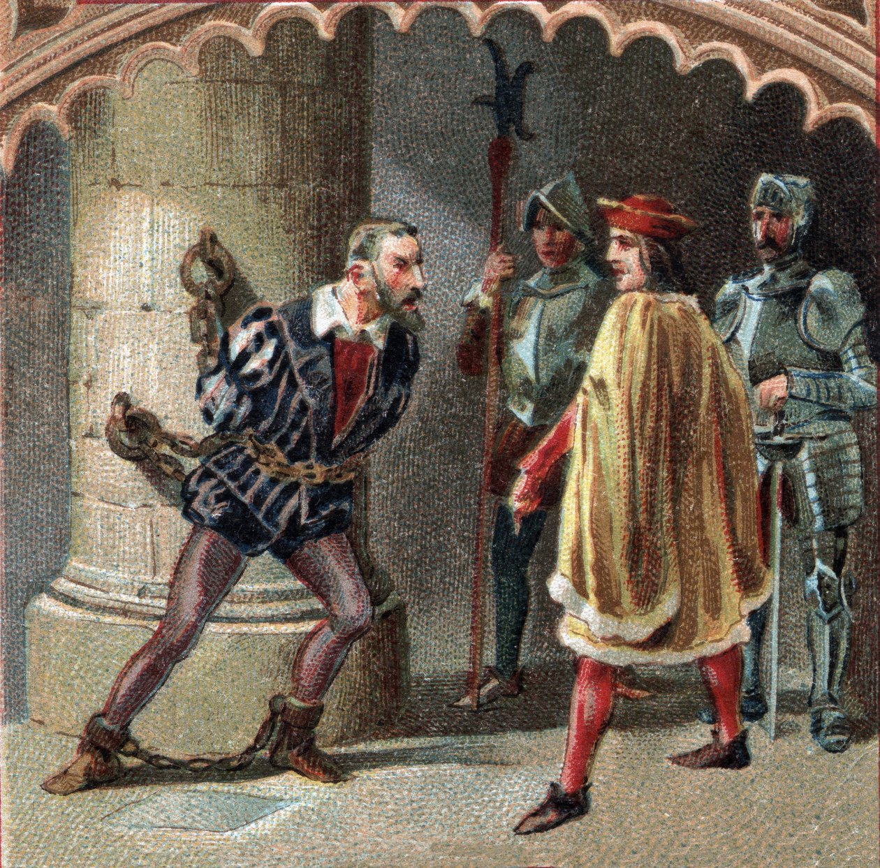 Ranskan kuningas Ludvig XII on lukinnut Ludovic Marie Sforzan, joka tunnetaan nimellä More (Ludovico Maria Sforza detto il Moro) (1452-1508), Lochesin linnaan Tourainessa. 1800-luvun lopun kromolitografia tekijältä Unknown artist