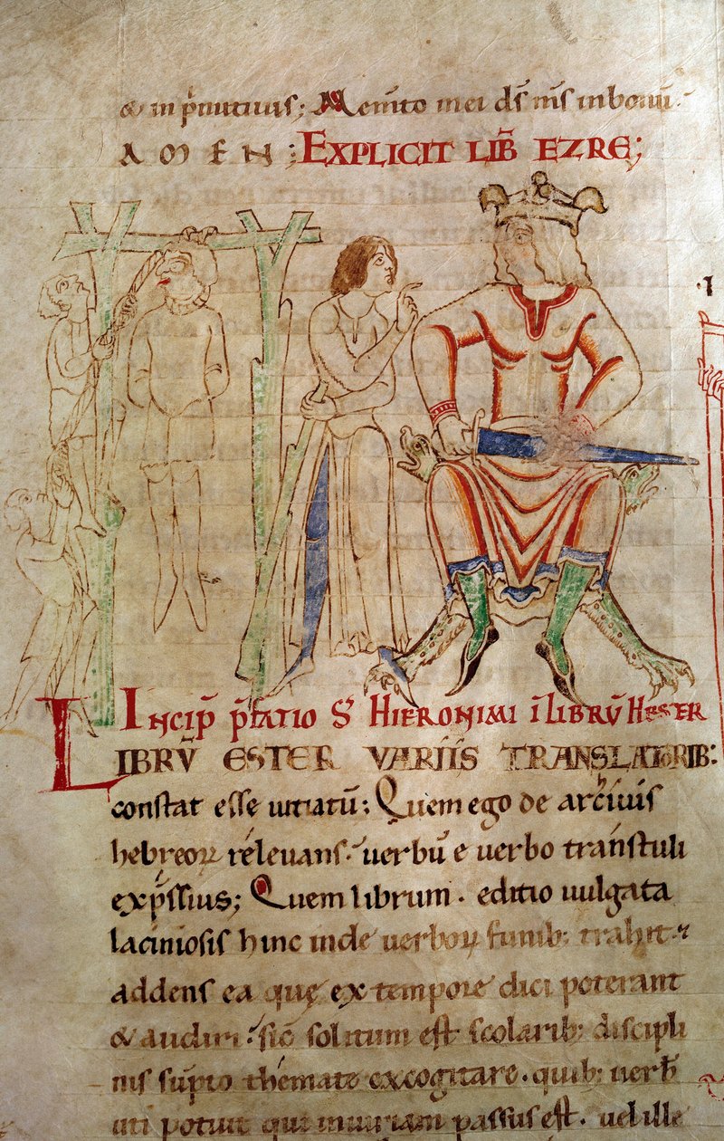 Kuninkaan oikeus Vuosina 1098–1109 Kuningas istuu valtaistuimella ja pitelee miekkaa hirttämällä näyttämön vieressä. Sivu otettu käsikirjoituksesta "" Saint Jerome kommentit"" tekijältä Unknown artist