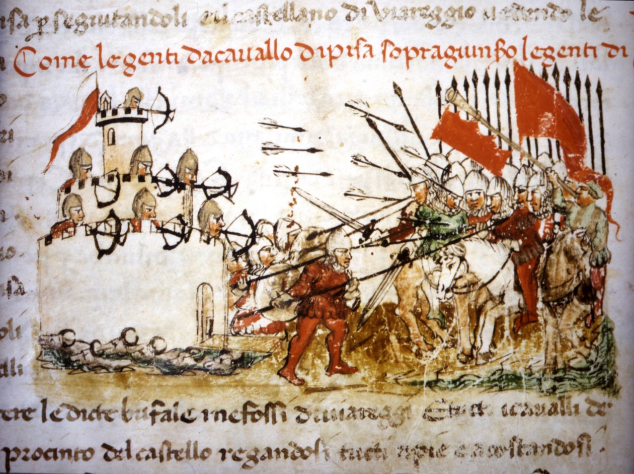 Pisan ritarit voittivat Luccan jalkaväen vuonna 1397 - "" Croniche del Sercambissa ", noin 1400. Kansallisarkisto, Lucca. tekijältä Unknown artist
