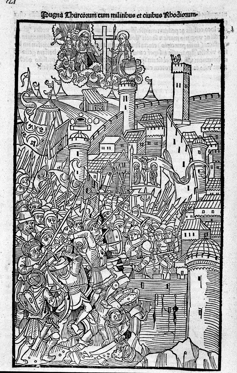 Rhodoksen ritarit (Jerusalemin Pyhän Johanneksen sairaalahoitajien ritarikunta) hyökkäämässä Rhode Islandia vastaan ​​Guilelmus Caorsinin, Ulmae, Joh. Hallitus lokakuuta tekijältä Unknown artist