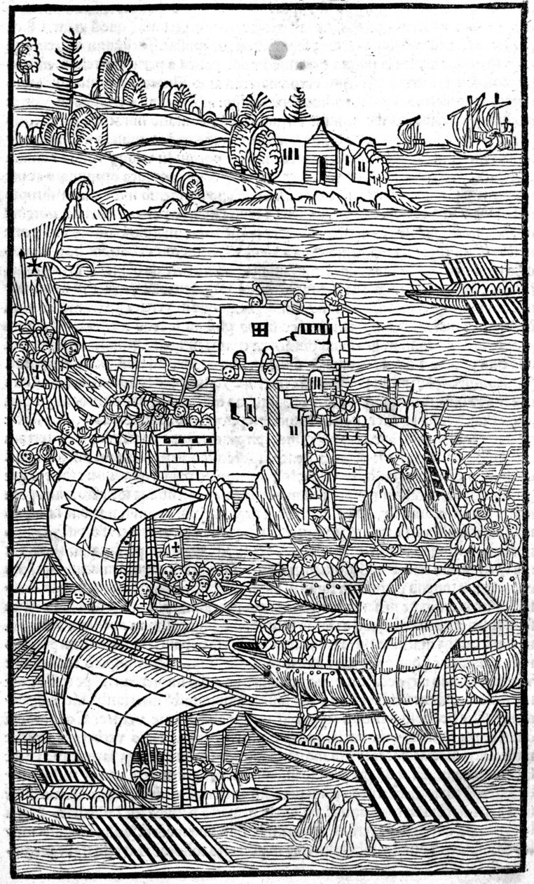 Rhodoksen ritarit (Jerusalemin Pyhän Johanneksen sairaalahoitajien ritarikunta) hyökkäämässä Rhode Islandia vastaan ​​Guilelmus Caorsinin, Ulmae, Joh. Hallitus lokakuuta tekijältä Unknown artist