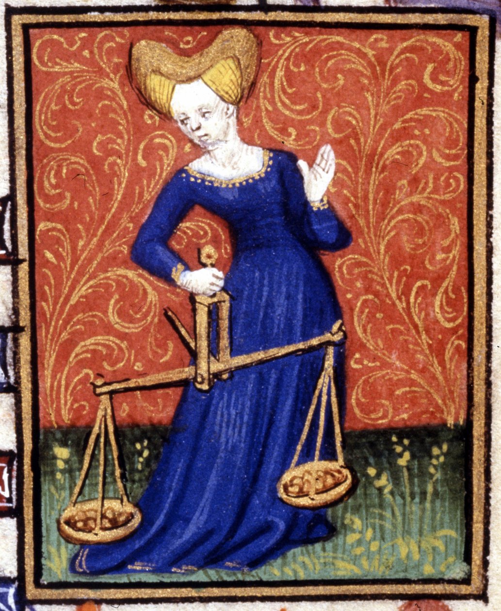 Vaaka. Horoskoopin miniatyyri. 1500-luvun käsikirjoitus. Bibl. Trivulziana, Milano. tekijältä Unknown artist