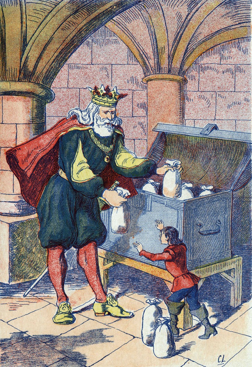 Pikku Poulet kompensoi kuningasta. Kuvitus "" Le Pepetit poucet" -kirjaan, ranskalaisen kirjailijan Charles Perrault