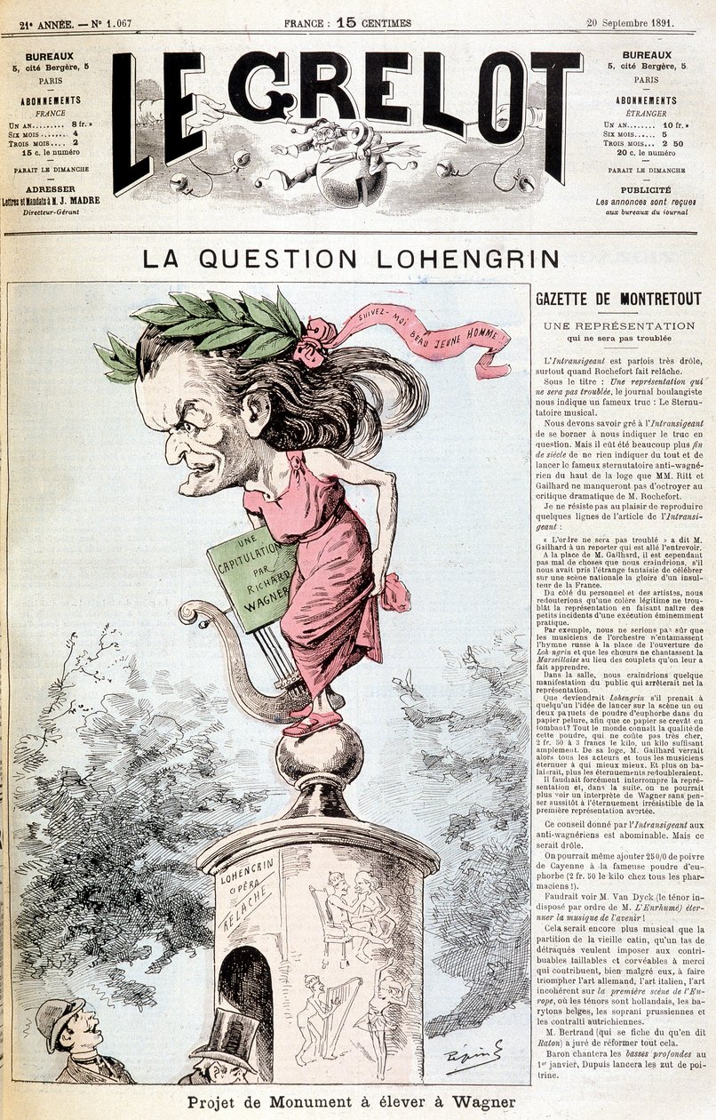 Lohengrin-kysymys: Wagneriin nostettava monumenttiprojekti "" Le Grelotissa" 20.9.1891 tekijältä Unknown artist