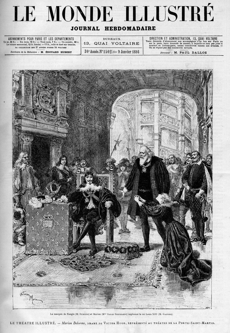 Markiisi de Nangis (tulkinta Dumaine) ja Marion (Sarah Bernhardt) rukoilevat kuningas Ludvig XIII:ta (Garnier). Teatteriteos "" Marion Delorme", Victor Hugon (1802-1885) draama kuvaa Saint Martinin oven teatteria sen jälkeen, kun se on kielletty tekijältä Unknown artist