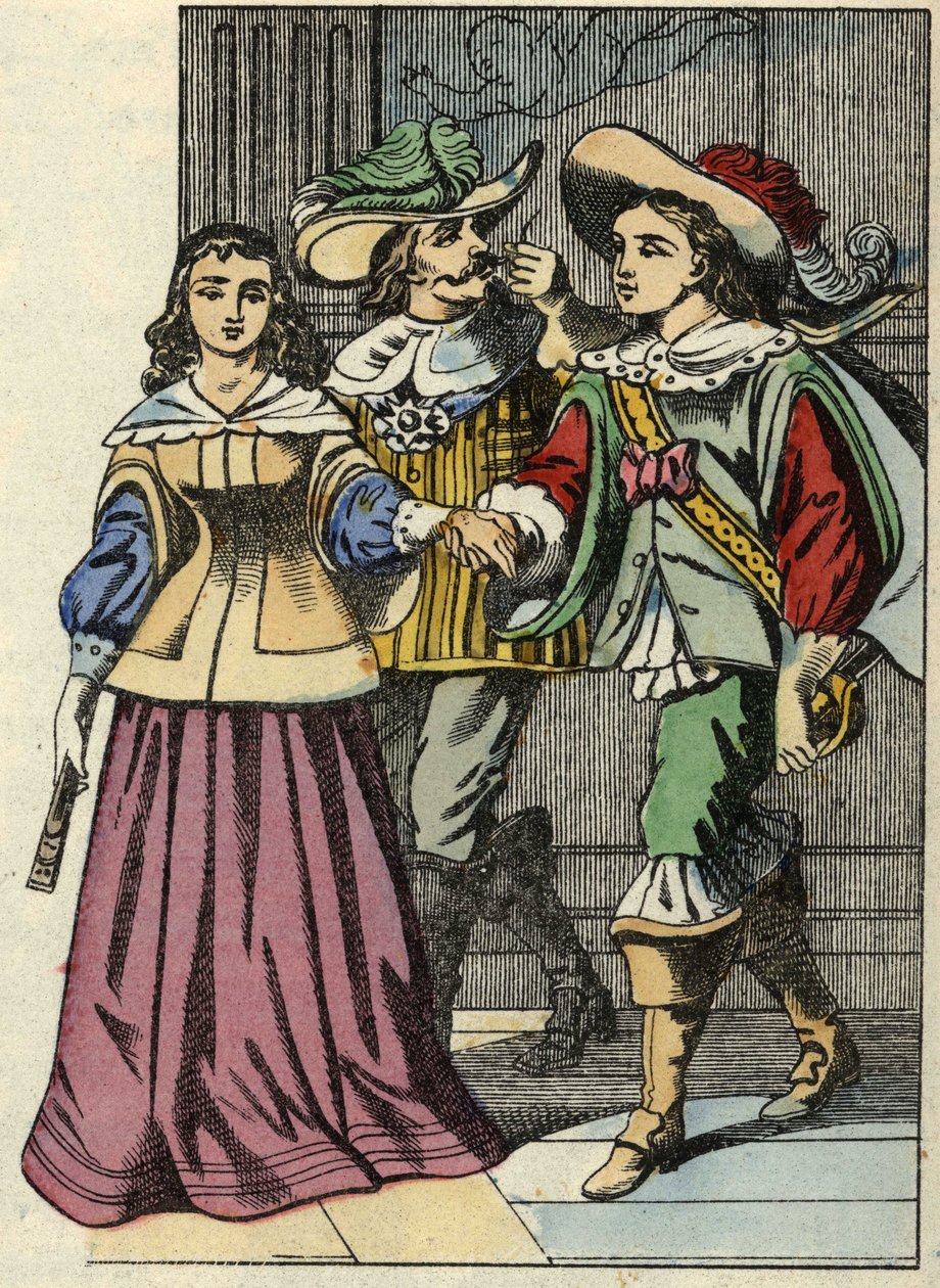 Carabasin markiisi, prinsessa ja kuningas linnassa. Kuvitus Charles Perraultin tarinasta "Kissapullo". tekijältä Unknown artist
