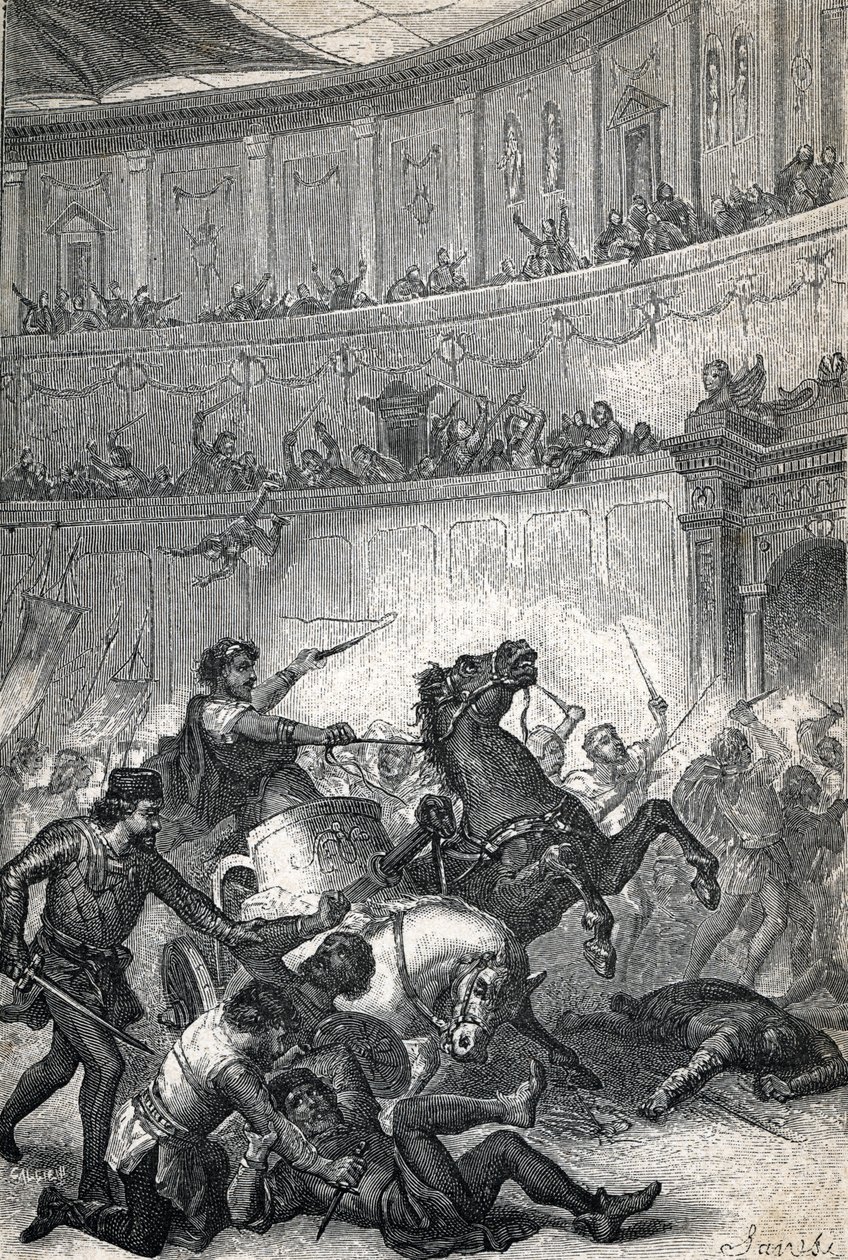 Thessalonikan verilöyly vuonna 390. Kaiverrus 1884 tekijältä Unknown artist