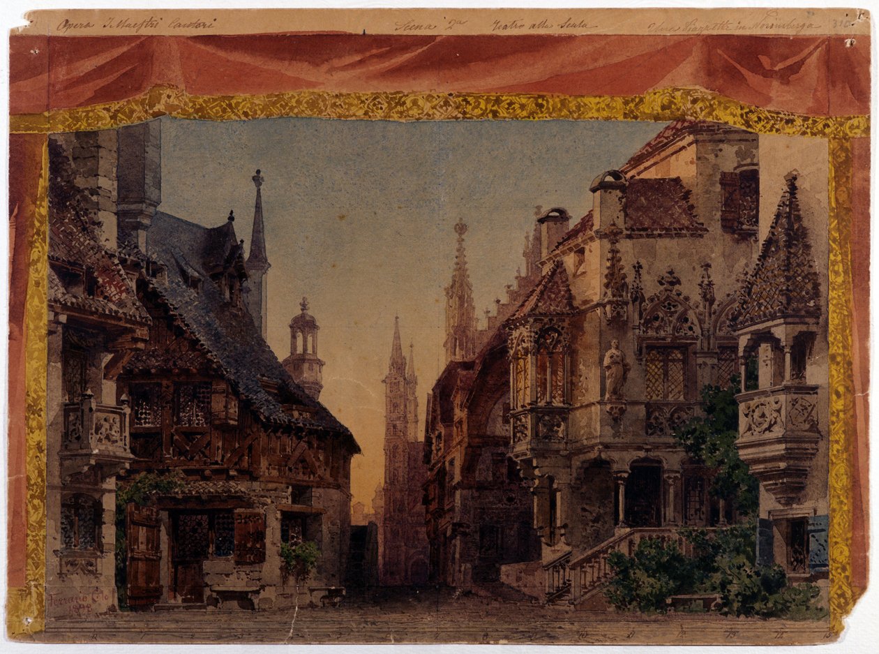 Meistersinger von Nurnberg (Les Meistersinger de Nuremberg), WWV 96, Richard Wagnerin ooppera luotu 1868. Ferrarion lavastus Milanon La Scalalle tekijältä Unknown artist
