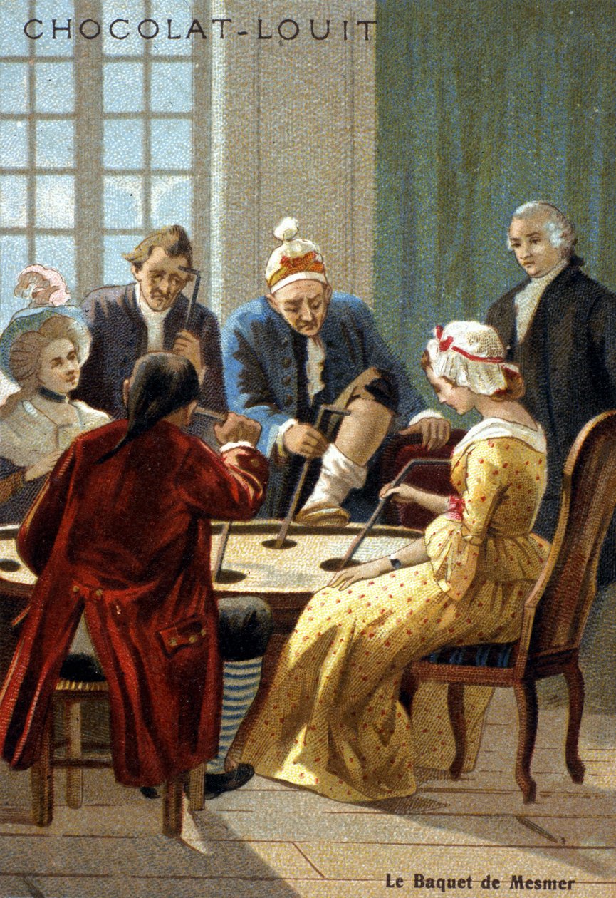 Mesmer-ämpäri (Frederic Antoine Mesmer - Franz Anton Mesmer). Mesmerin (1734 - 1815), saksalaisen lääkärin kokemus, joka väitti löytäneensä "eläinmagnetismin". kromolitografia 1800-luvulta. tekijältä Unknown artist