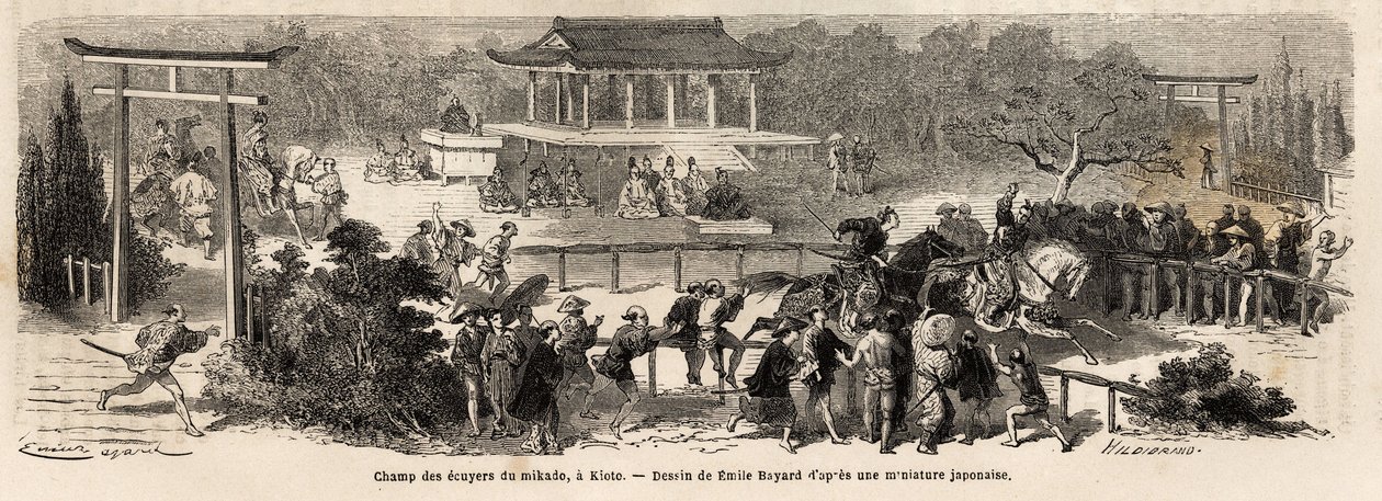 Mikadon (Japanin keisari) squire-kenttä Kiotossa (tai Kiotossa), keisarillisten hevosten harjoitus- ja harjoitusrata. Kaiverrus havainnollistamaan matkaa Japaniin vuosina 1863-1864, Sveitsin valaliiton ministeri Aime Humbert teoksessa "Le tour du monde, no tekijältä Unknown artist