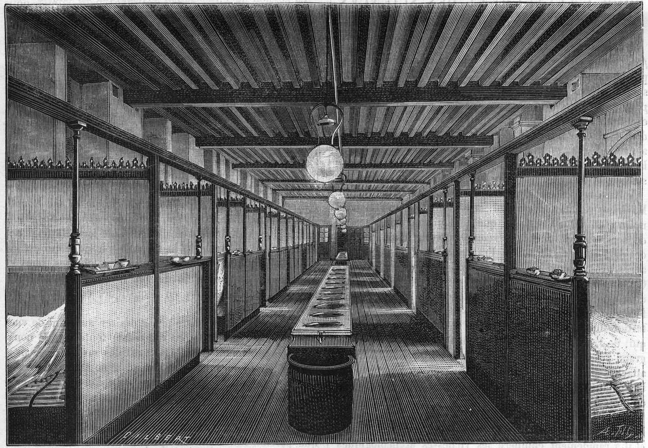 Monge-koulu vuonna 1884 Pariisissa. Asuntola, jossa on pesualtaat. luonnossa. Katsaus tieteisiin ja niiden sovelluksiin taiteeseen ja teollisuuteen.” tekijältä Unknown artist