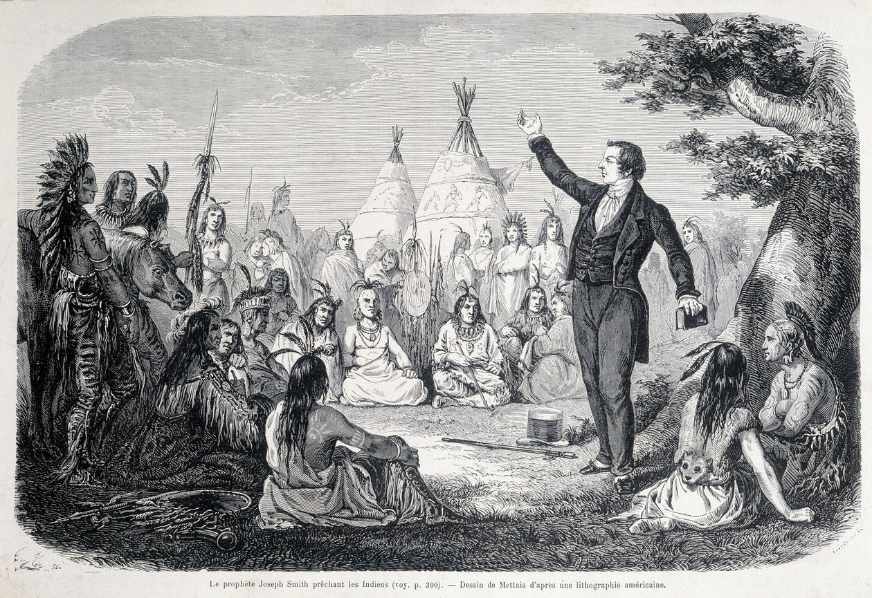 Mormonien profeetta Joseph Smith saarnaa intiaaneja (Pohjois-Amerikka). 1800-luvun kuvitus. tekijältä Unknown artist