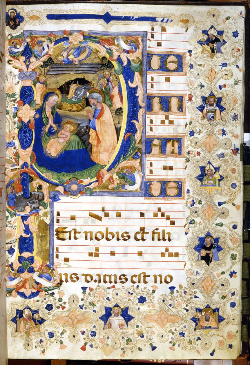 Syntymä edusti 1300-luvun kuorossa. Milano, Biblioteca nazionale Braidense. tekijältä Unknown artist