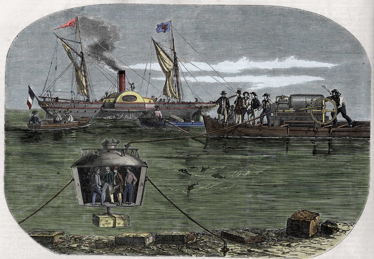 Tohtori Antoine Prosper Payernen "Nautilus"-sukelluskello kokeili Pariisin Seine-joella ja kehitettiin sitten Yhdysvalloissa. Kaiverrus (1858) Le “” Monde illustrious” -lehdessä”. tekijältä Unknown artist