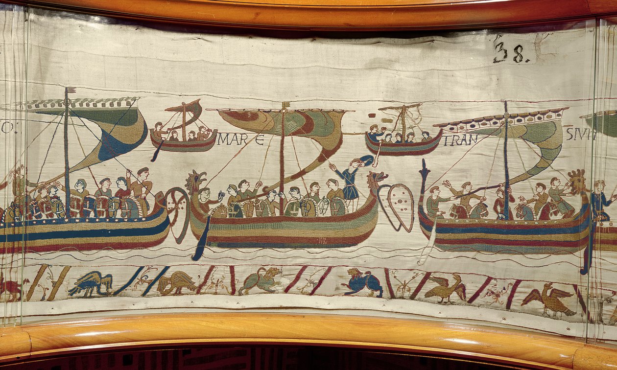 Normanin hyökkäyslaivasto ylittää kanavan, Bayeux Tapestry (villakirjonta pellavalle) tekijältä Unknown artist