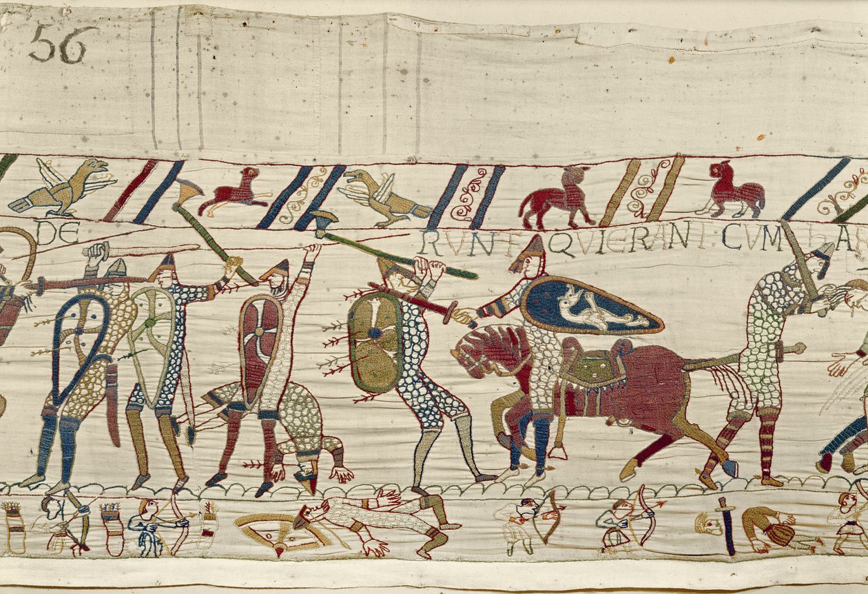 Normanit taistelevat ja tappavat niitä, jotka olivat kuningas Haroldin kanssa, Bayeux Tapestry (villakirjonta pellavalle) tekijältä Unknown artist