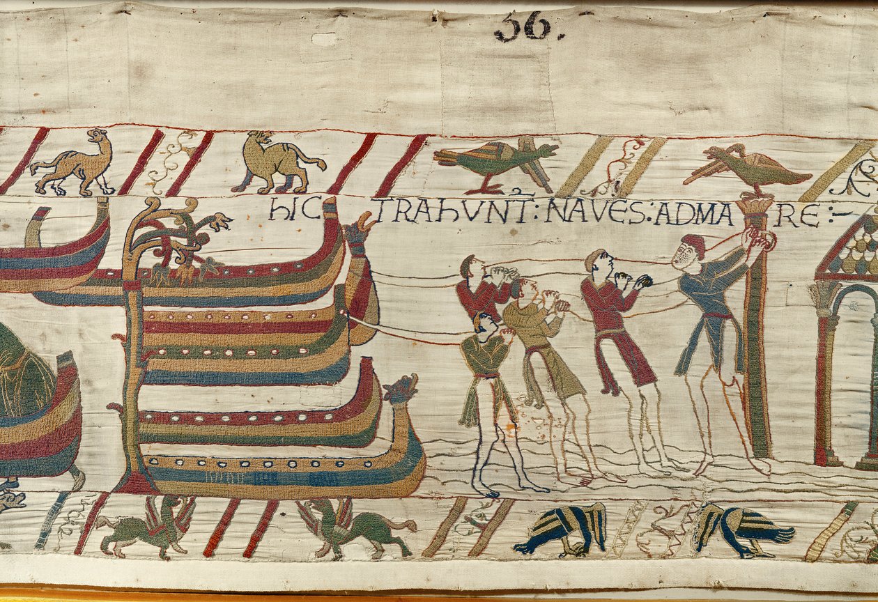 Normanit vetävät laivansa merelle, Bayeux Tapestry (villakirjonta pellavalle) tekijältä Unknown artist