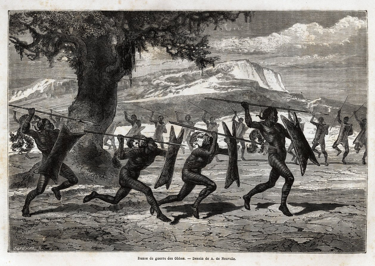 Obbot (Ugandan heimo) esittämässä sotatanssia. Sir Samuel White Bakerin kaiverrus havainnollistamaan matkaa Albert-järvelle vuosina 1861-1864 Edouard Chartonin johdolla julkaistussa "Le tour du monde, nouveau journal des voyages" -julkaisussa. tekijältä Unknown artist