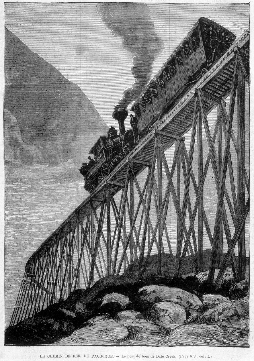Tyynenmeren rautatie Dale Creekin puusillalla - kaiverrus, 1800-luvun loppu tekijältä Unknown artist
