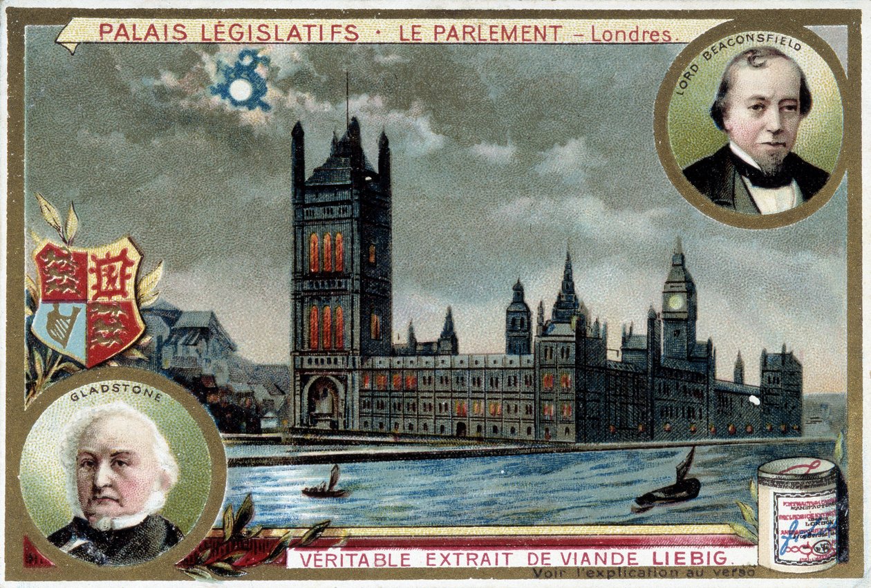 Westminsterin palatsi eli Lontoon parlamentti (Englanti), jossa muotokuvia William Ewart Gladstonesta (1809-1898) ja Benjamin Disraelista, Lord Beaconsfieldistä (1804-1881) - Liebig-kromolitografia tekijältä Unknown artist