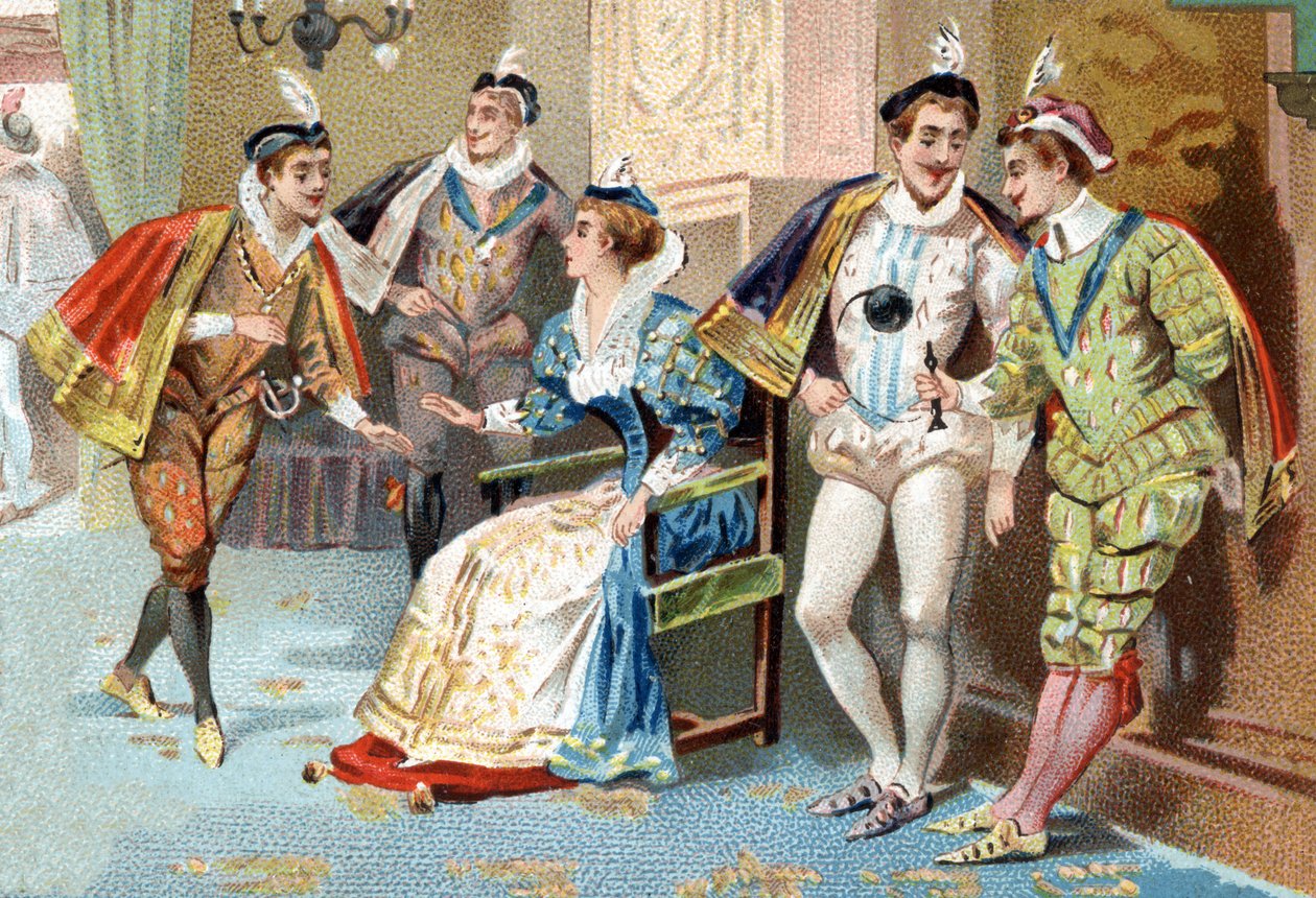 Palais du Louvre Henrik III:n (1500-luvulla) aikana: kuninkaan hovin nuoria miehiä. 1800-luvun lopun kromolitografia. tekijältä Unknown artist