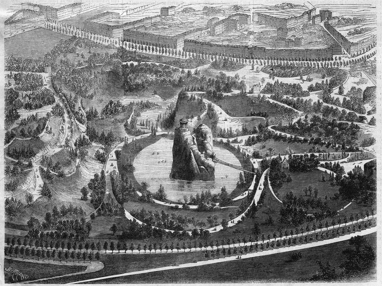Parc des Buttes Chaumont (Buttes-Chaumont), paroni Haussmannin (Georges Eugene Haussmann) luoma julkinen puutarha Pariisin 19. kaupunginosassa, joka rakennettiin Napoleon III:n aloitteesta. tekijältä Unknown artist