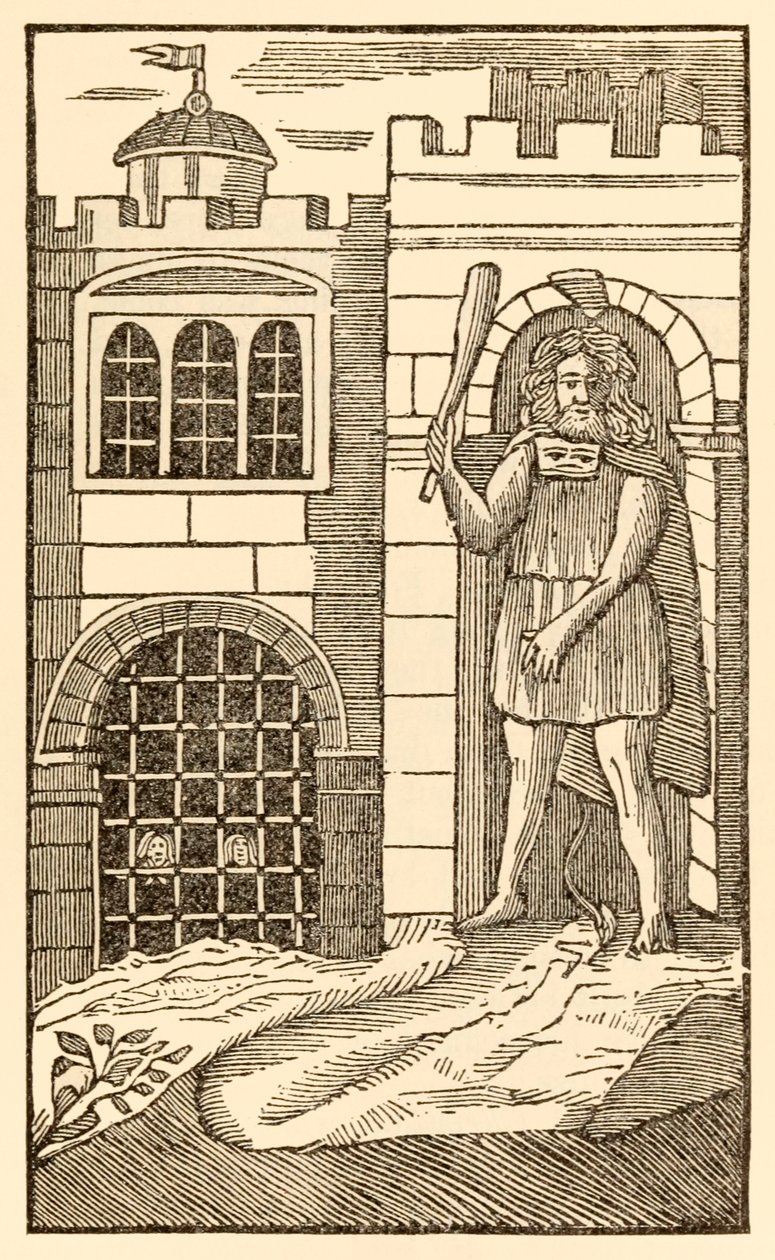 John Bunyanin (1628-1688) pyhiinvaeltajat, Christian ja Hopeful, nukahtavat, ja jättiläisen vangitsevat pyhiinvaeltajien lihaa. tekijältä Unknown