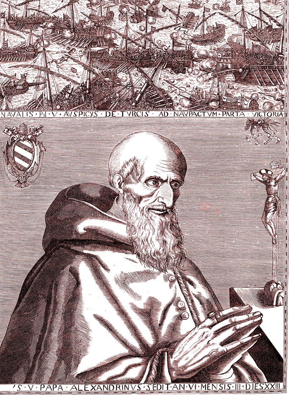 Paavi Pius V tekee liiton Espanjan laivaston ja Venetsian italialaisen laivaston kanssa turkkilaisia vastaan Lepanten taistelussa lokakuussa 1571 tekijältä Unknown artist