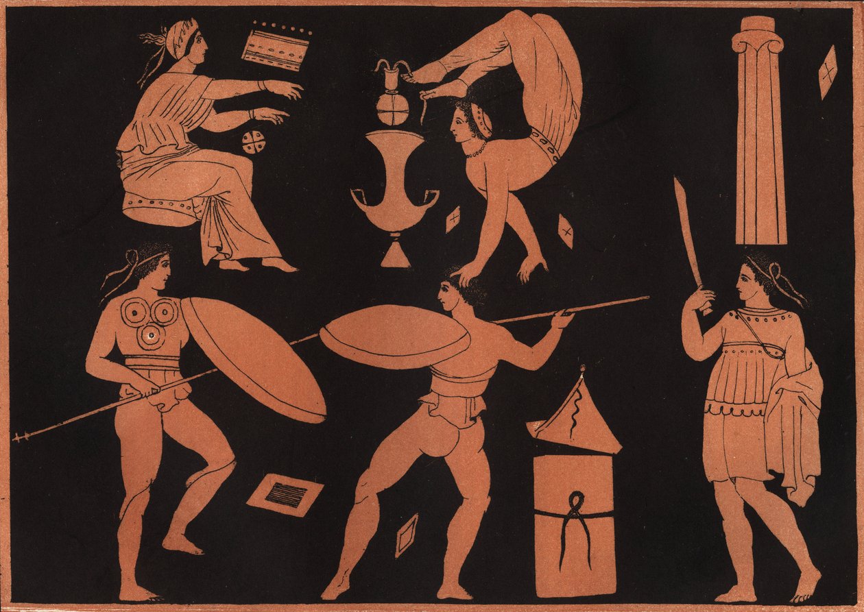 Pyrrhichios-tanssi (Pyrrhic dance) - kaiverrus kirjasta "Kaikkeuden kaikkien kansojen tapoja ja perinteitä". Eli kaikkien kansojen hallituksen, lakien, miliisin, uskonnon historia varhaisimmista ajoista nykypäivään "1856 tekijältä Unknown artist
