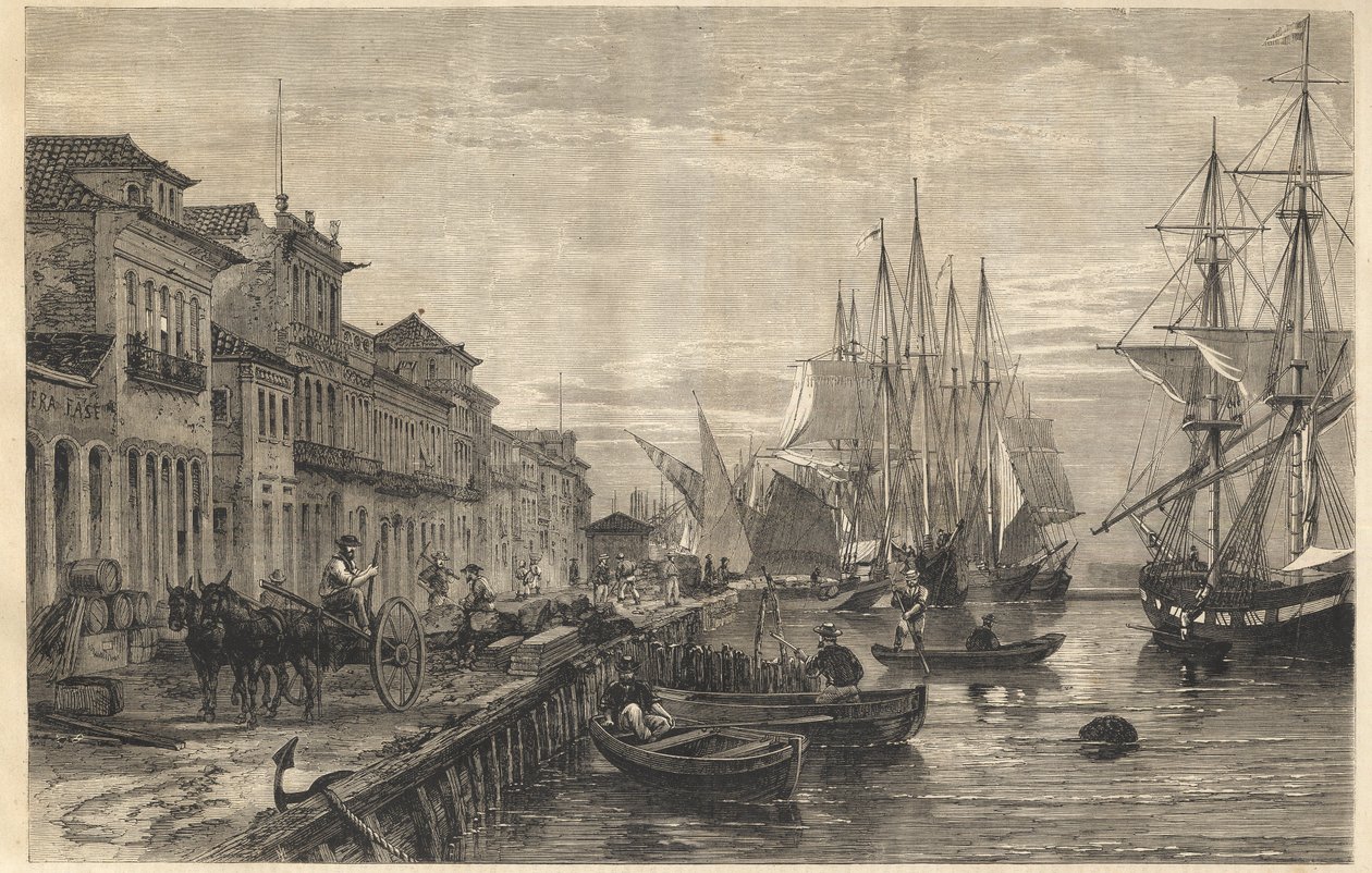 Boa Vistan laituri San Pedro de Rio Grande do Sulissa, Brasilian satama - Le quai de Belle-Vue, San Pedro de Rio Grande (Brasilia) - Sao Pedro do Rio Grande do Sulin kapteeni - Kaiverrus kohteesta " "The Illustrous Universe" 1866 tekijältä Unknown artist