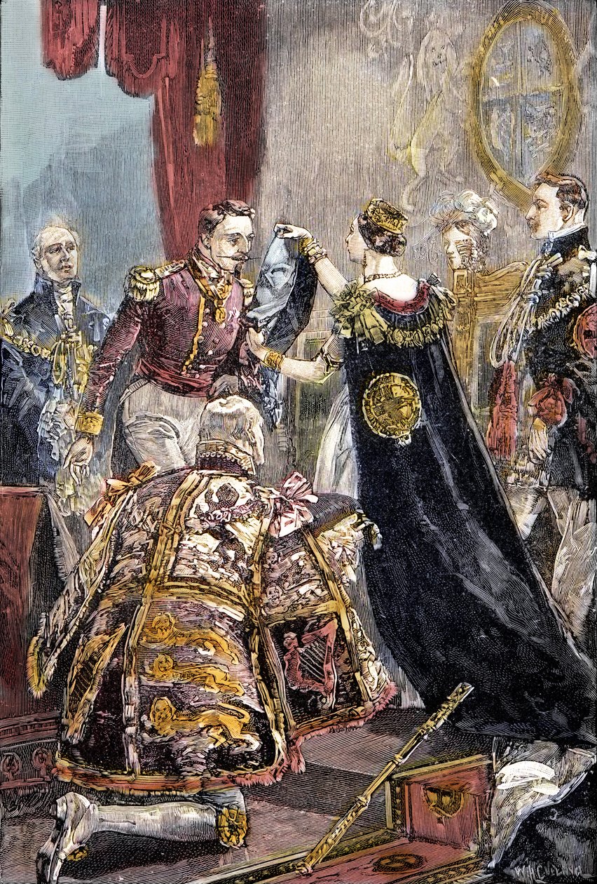 Kuningatar Victoria sijoittaa Ranskan keisarille sukkanauharitarikunnan Windsorin linnassa tekijältä Unknown artist