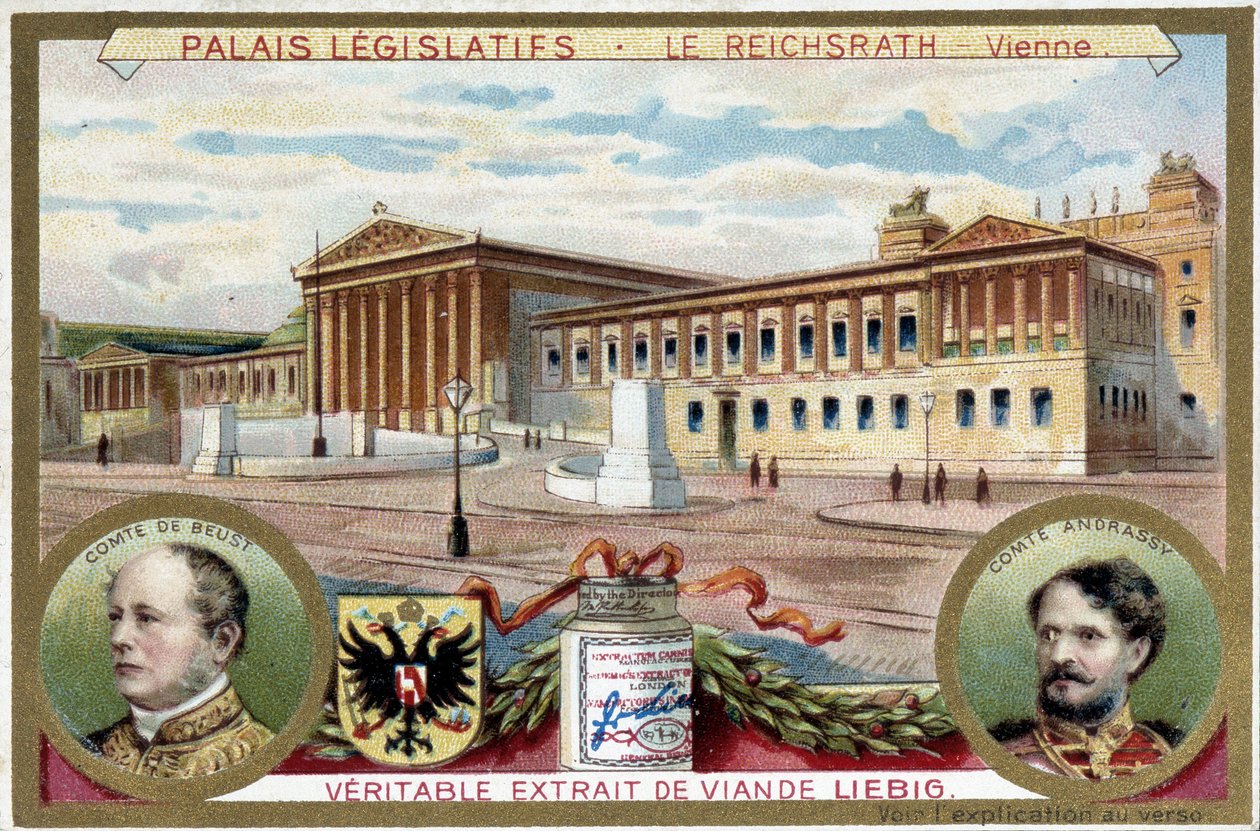 Reichsrathin palatsi, Wien (Itävalta), muotokuvia kreivi Friedrich Ferdinand de Beust (1809-1886) ja kreivi Gyula Andrassy (1823-1890) - Liebig-kromolitografia tekijältä Unknown artist